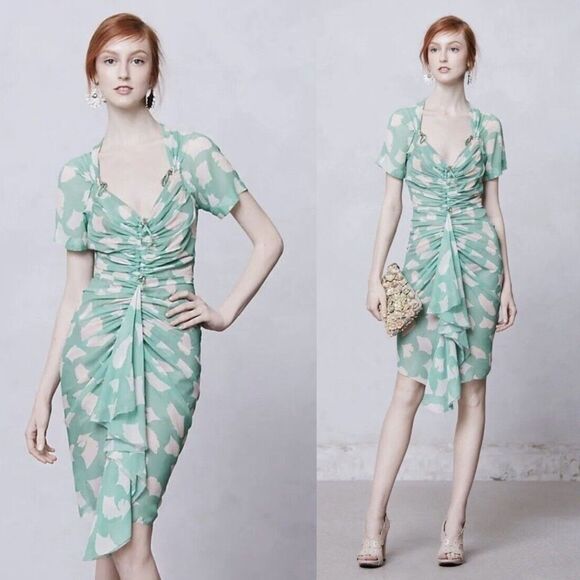 Anthropologie Beguile by Byron Lars Gingko Green Midi Dress Ruching Designer 2 - Picture 1 of 13